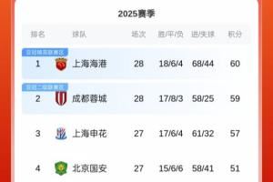 还剩最后2轮!中超积分榜:蓉城绝平仍居第2,海港1分优势领跑