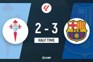 半场-巴萨3-2塞尔塔 莱万双响亚马尔破门拉什福德助攻+失单刀